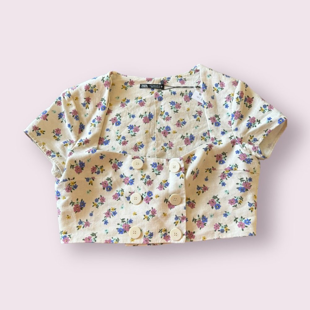 Zara | Women’s | Floral Square Neck Short Sleeve Crop Top | Size: S